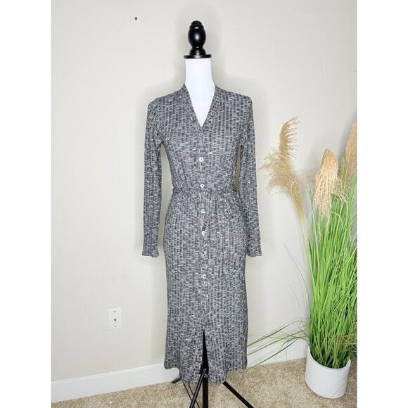 Michael Stars Duster Rib Cardigan Sleek Midi Dress Luxe Jasper Gray S Waist Tie - Picture 2 of 9